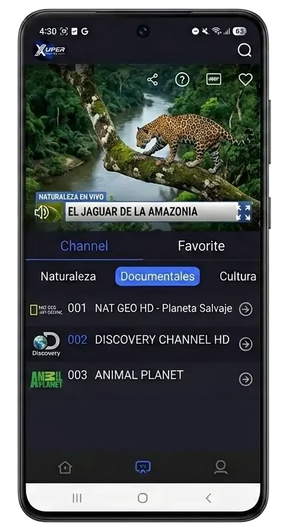 Categorías y filtros de documentales en la app