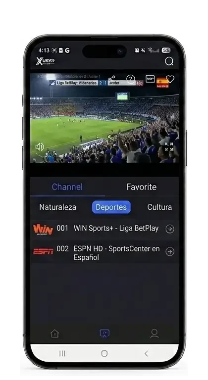 Emisión deportiva y lista de canales en el móvil